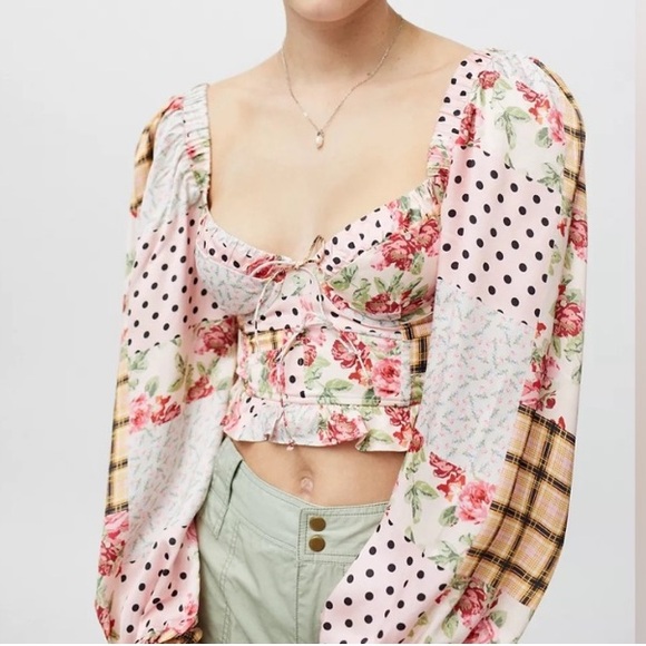 For Love and Lemons Marissa Patchwork Crop Puff Sleeve Shirt Top Size Small S - Picture 1 of 16